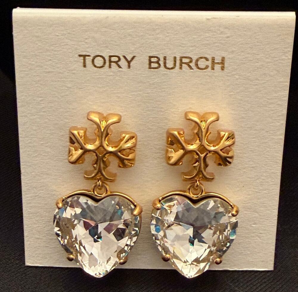 NWOT Tory Burch Roxanne Heart Crystal Drop Earrings 18k gold plated Dbl T logo